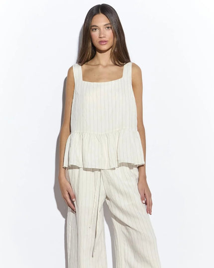 Cream Pinstripe Ruffle Top