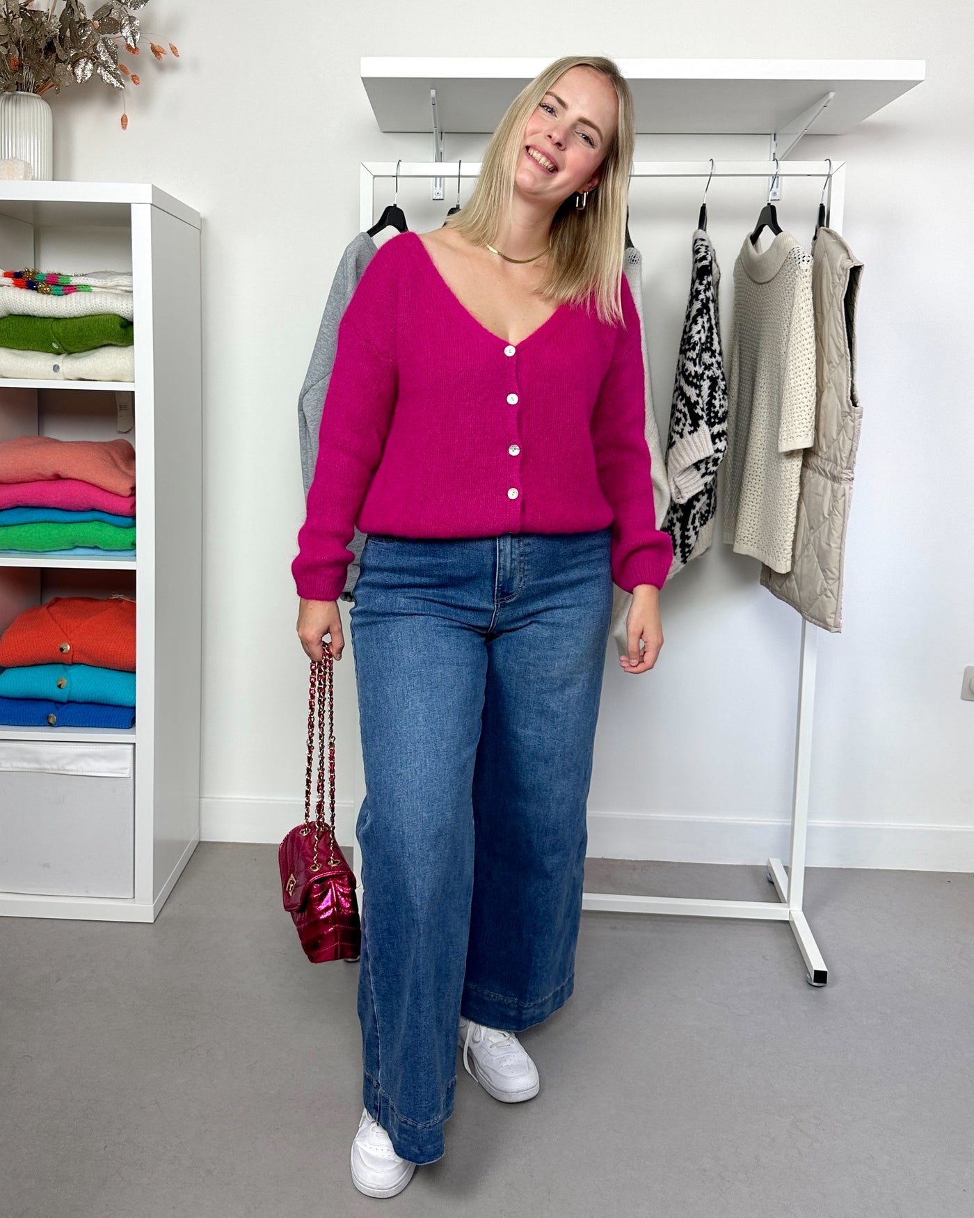 Magenta Basic Cardigan Buttons