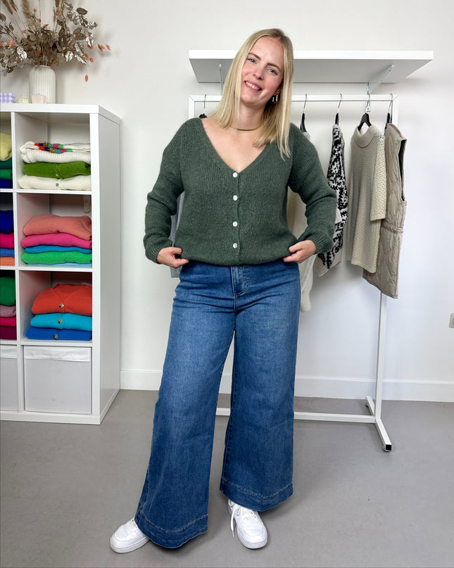 Kaki Green Basic Cardigan Buttons