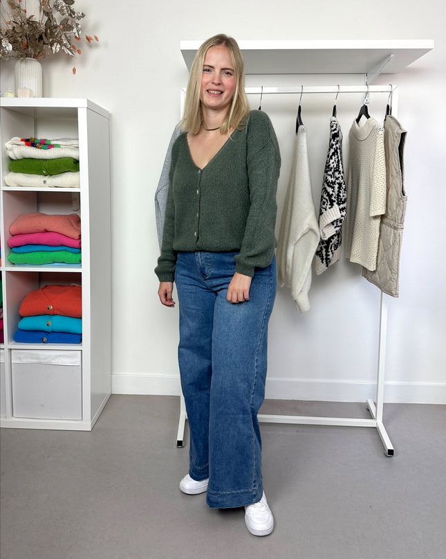 Kaki Green Basic Cardigan Buttons