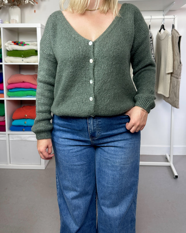 Kaki Green Basic Cardigan Buttons