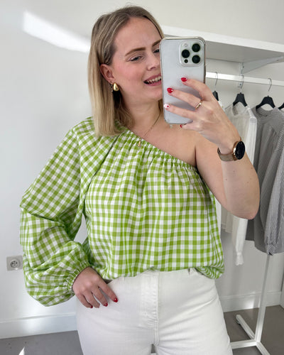 One Shoulder Checked Blouse Green