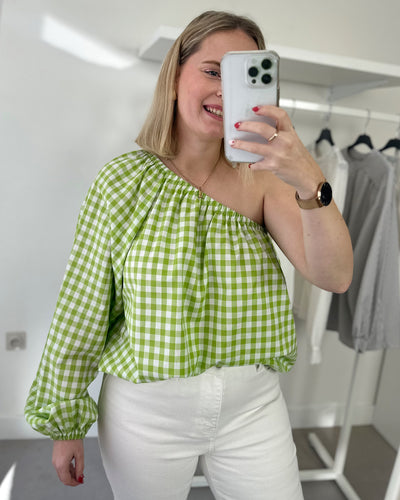 One Shoulder Checked Blouse Green