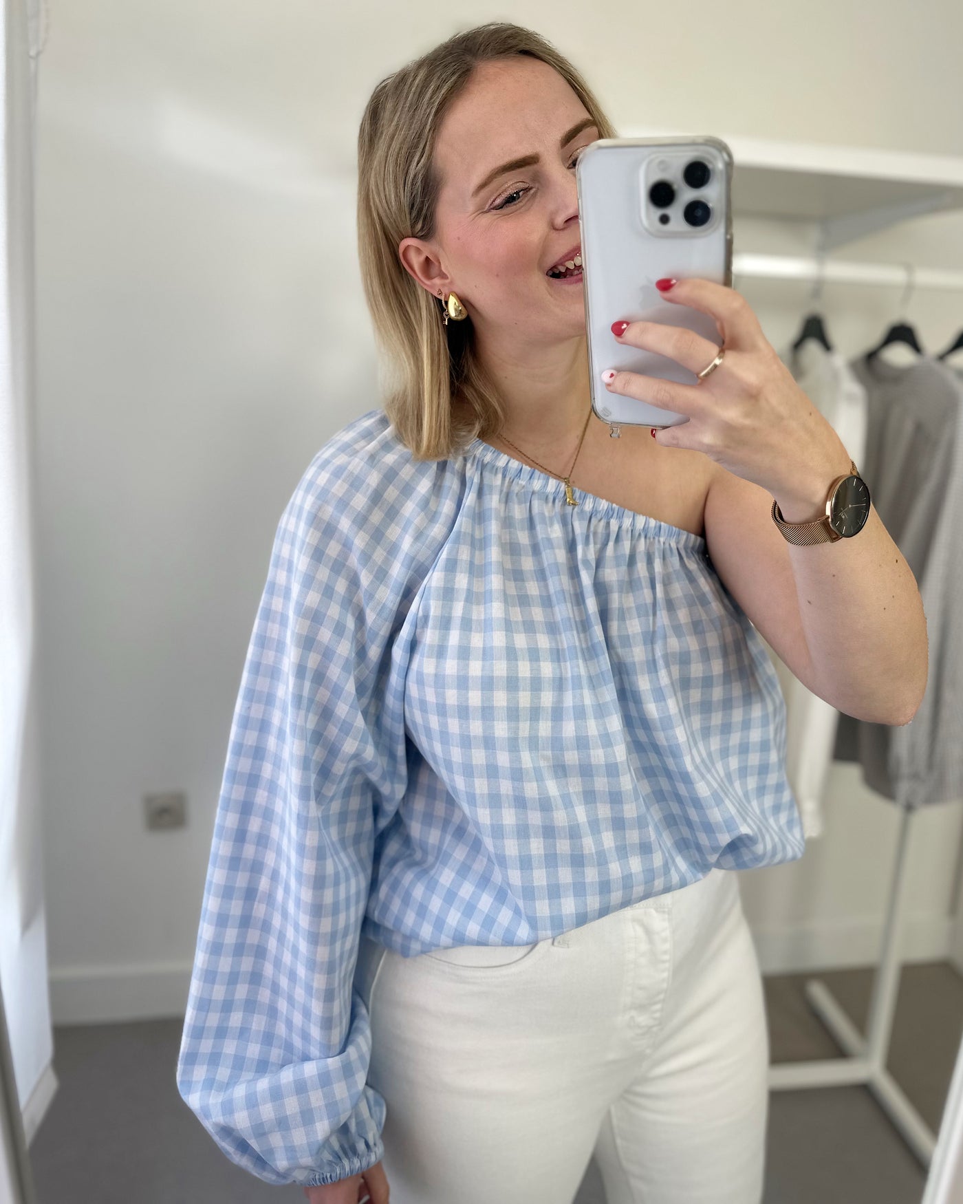 One Shoulder Checked Blouse Blue