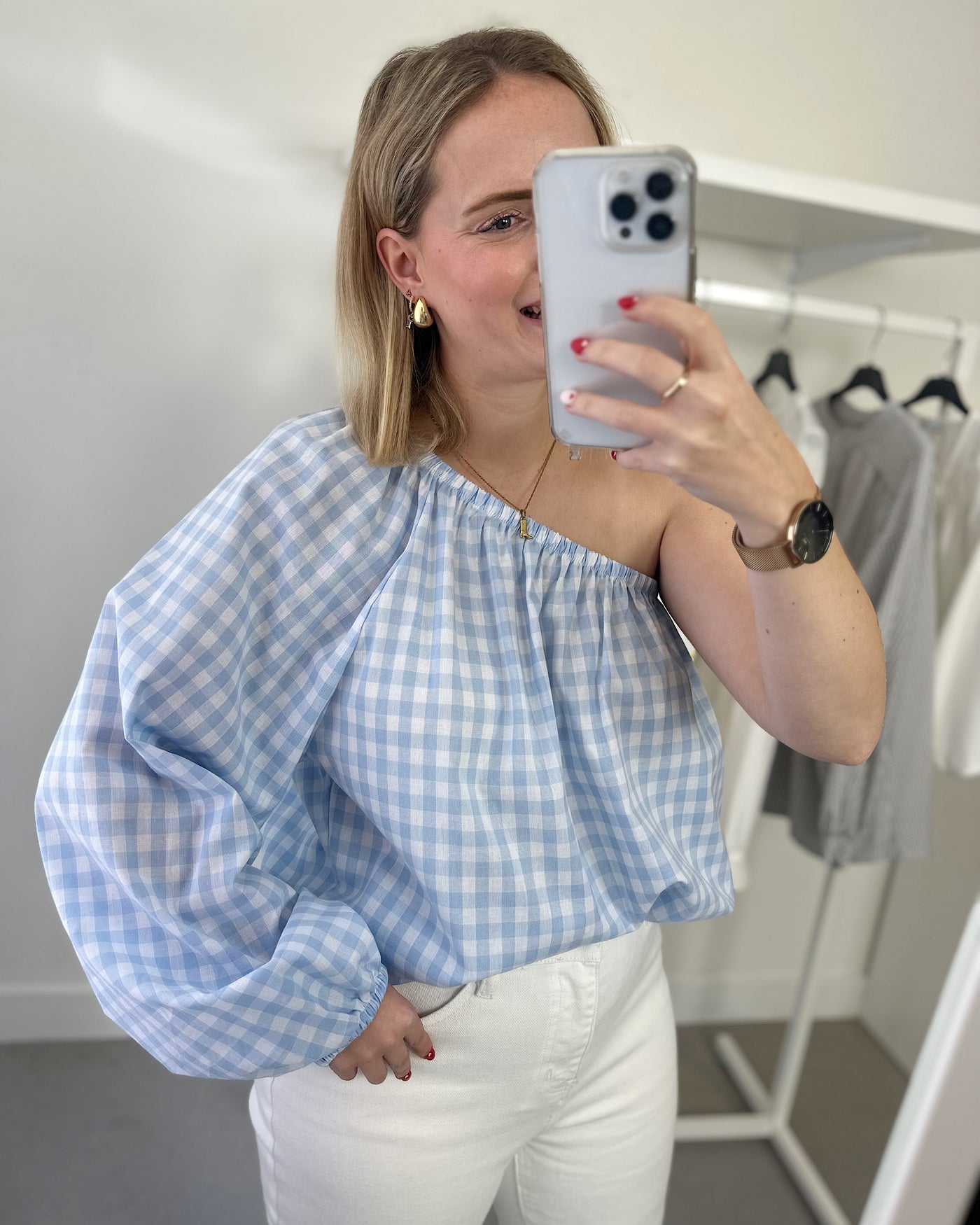 One Shoulder Checked Blouse Blue
