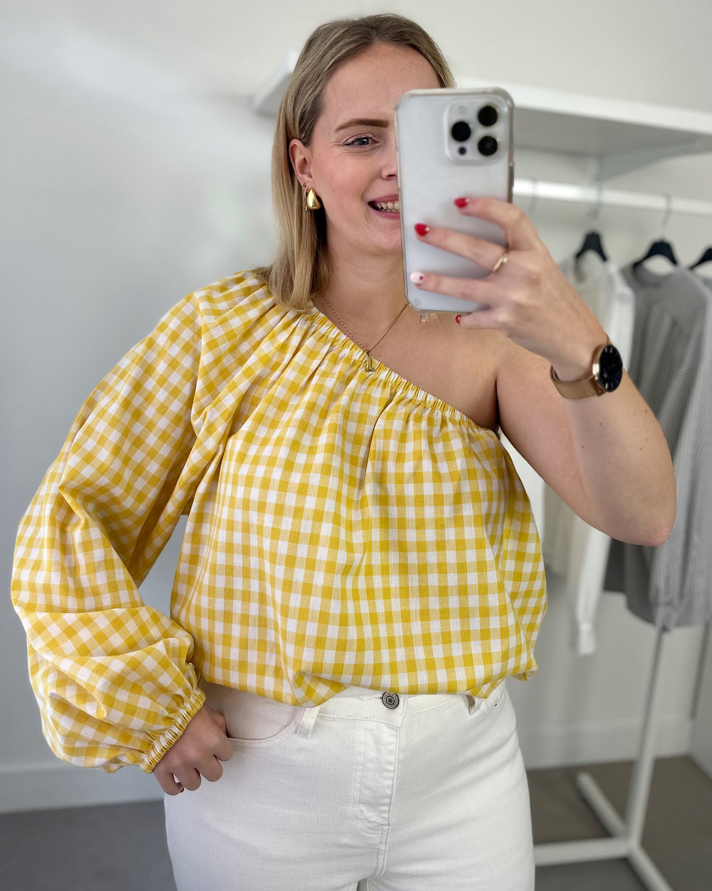 One Shoulder Checked Blouse Yellow