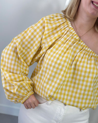 One Shoulder Checked Blouse Yellow