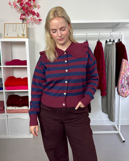 Burgundy Navy Collar Cardigan