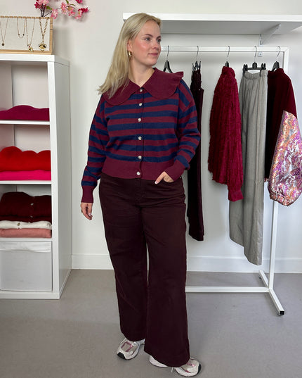 Burgundy Navy Collar Cardigan