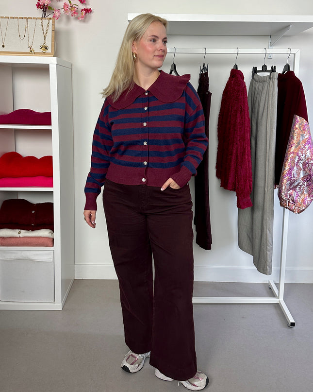 Burgundy Navy Collar Cardigan