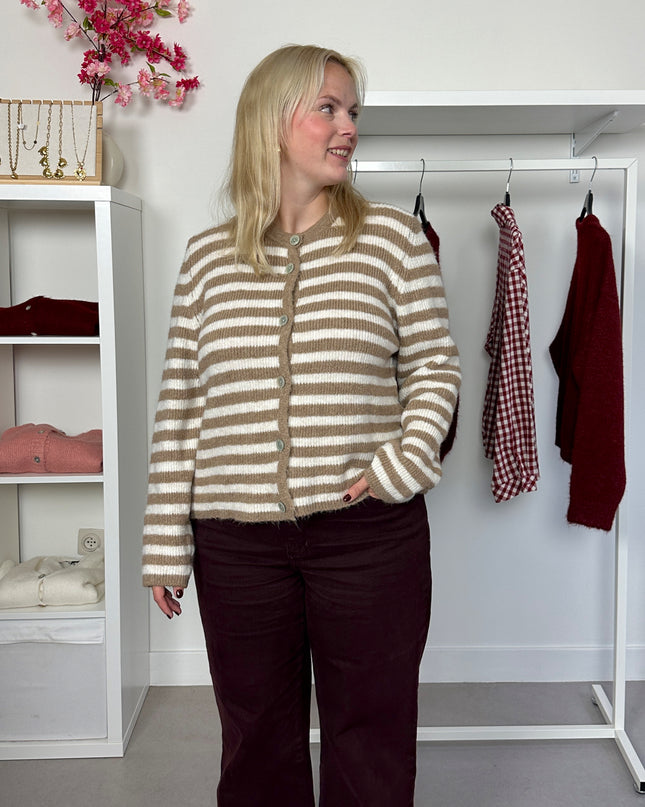 Round Neck Cardigan Camel White