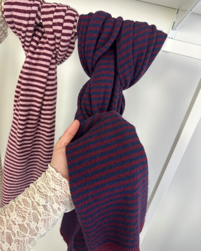 Striped Scarf Navy Bordeaux Cashmere Blend