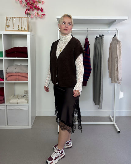 Satin Asymmetrical Lace Skirt Brown