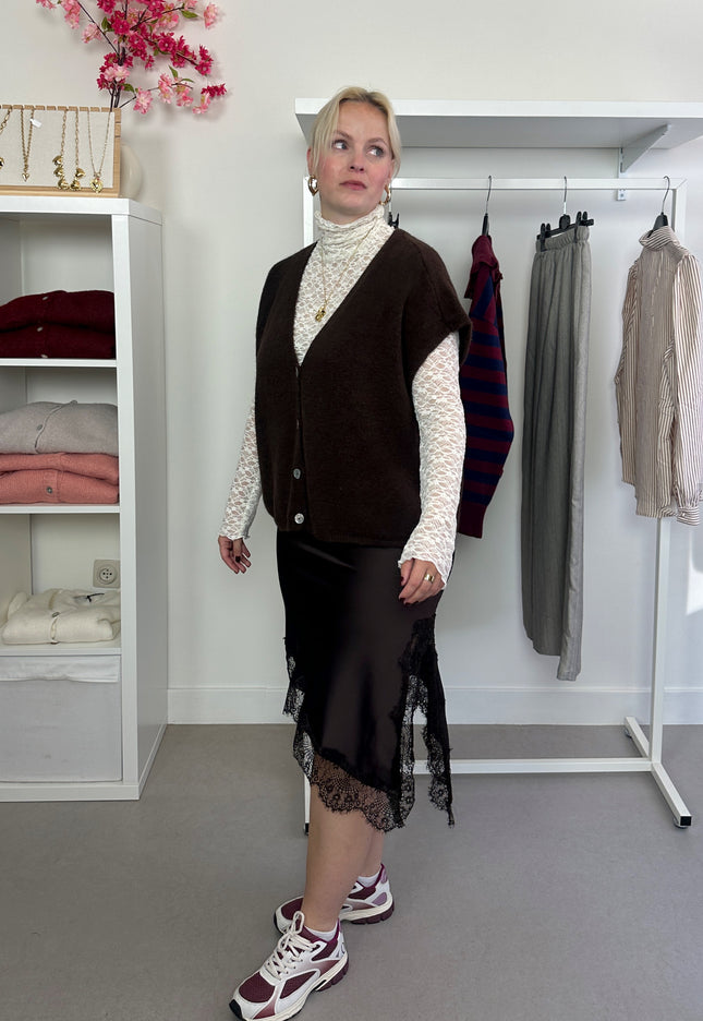 Satin Asymmetrical Lace Skirt Brown