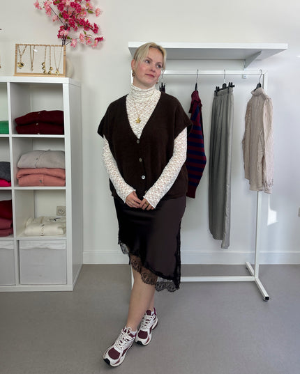 Satin Asymmetrical Lace Skirt Brown