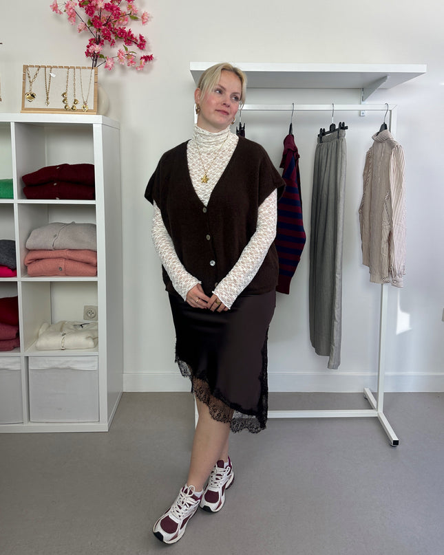 Satin Asymmetrical Lace Skirt Brown