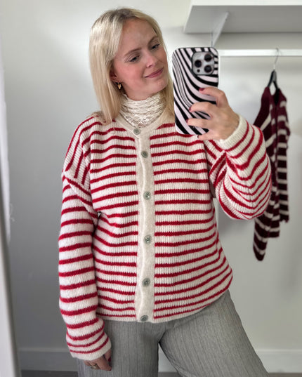 Round Neck Cardigan Red White