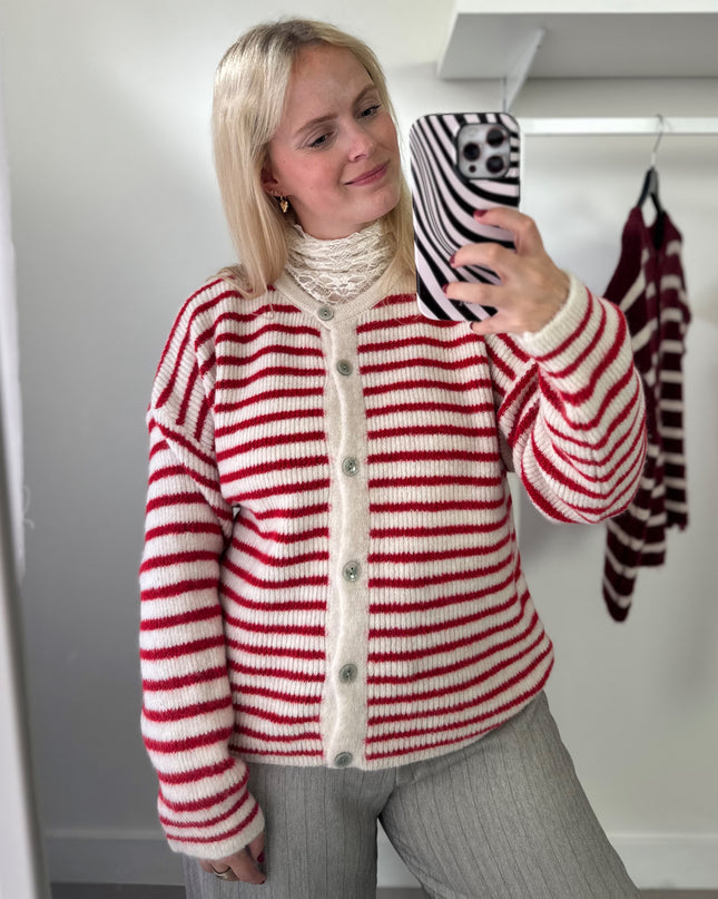 Round Neck Cardigan Red White