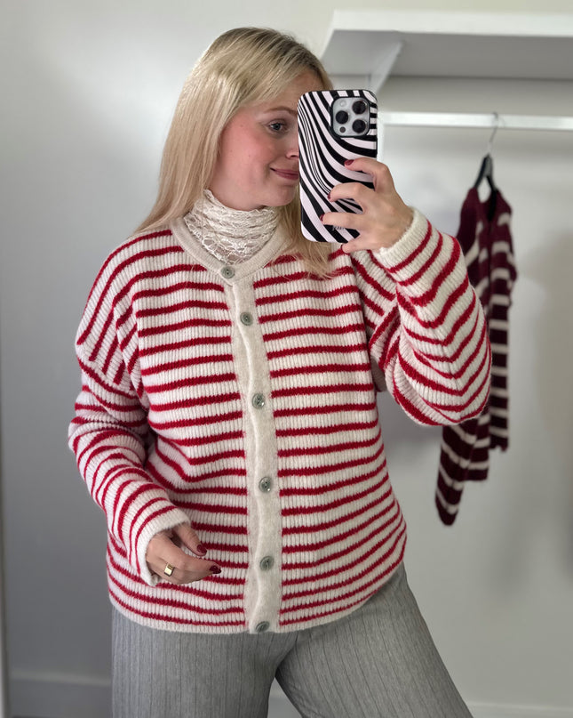 Round Neck Cardigan Red White