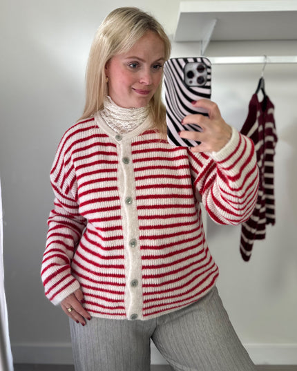 Round Neck Cardigan Red White