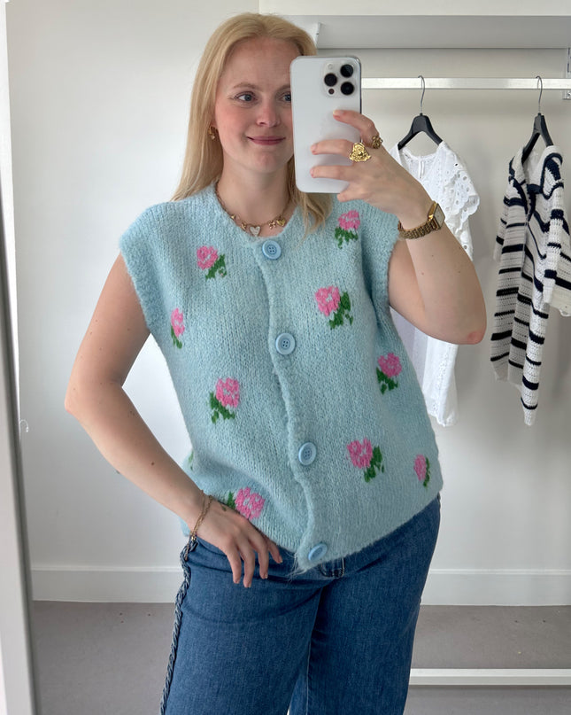 Sleeveless Cardigan Baby Blue Flowers