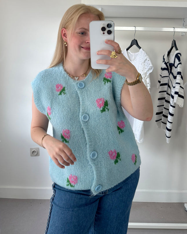 Sleeveless Cardigan Baby Blue Flowers