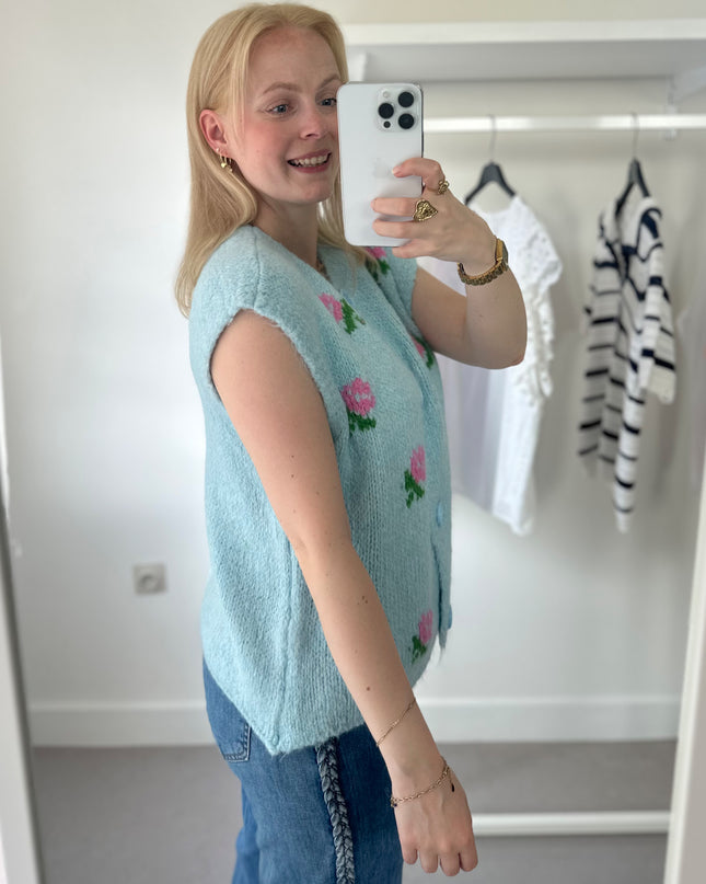 Sleeveless Cardigan Baby Blue Flowers