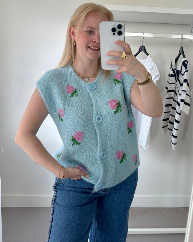 Sleeveless Cardigan Baby Blue Flowers