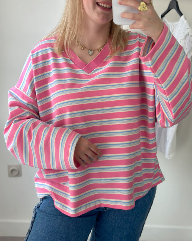 Loose Striped Tee Pink Blue