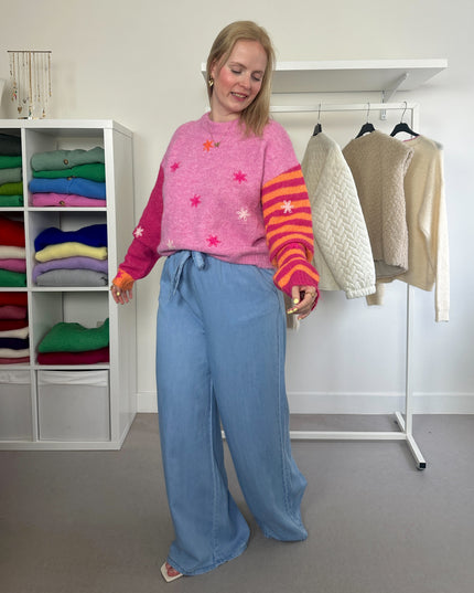 Trui Pink Striped Flowery Sleeves