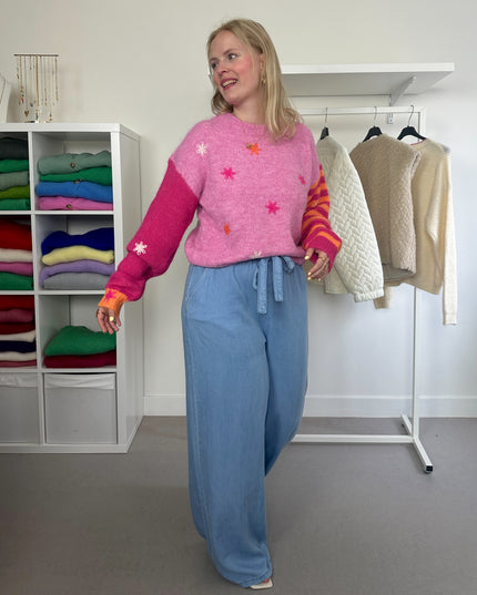 Trui Pink Striped Flowery Sleeves