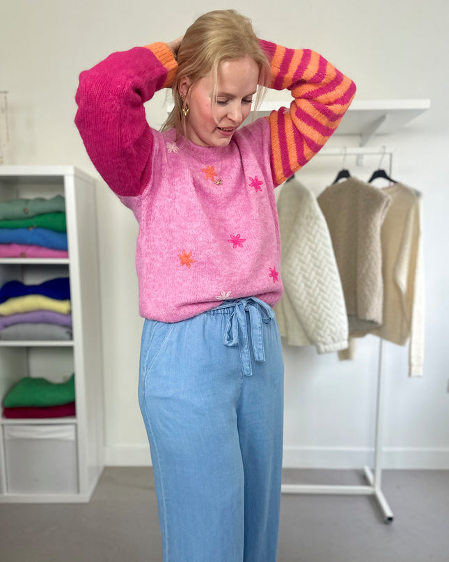 Trui Pink Striped Flowery Sleeves