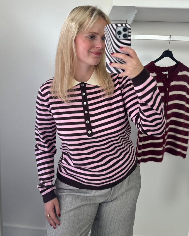 Striped Polo Knit Pink Brown