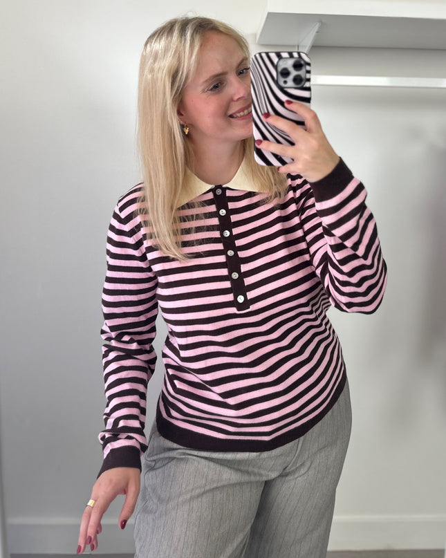Striped Polo Knit Pink Brown