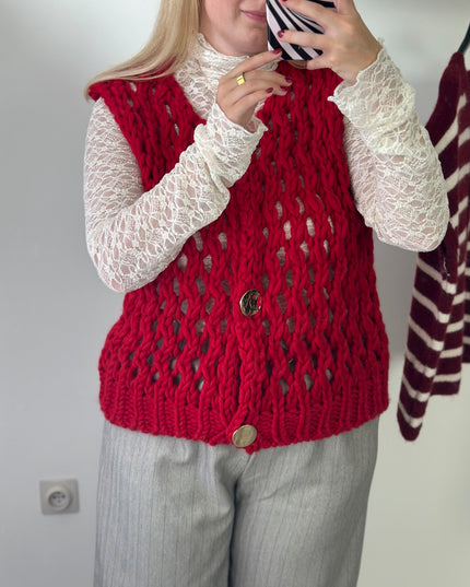 Loose Knit Sleeveless Cardigan Red