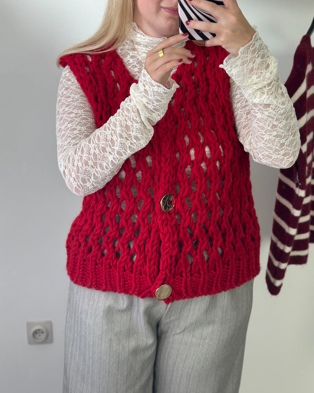 Loose Knit Sleeveless Cardigan Red