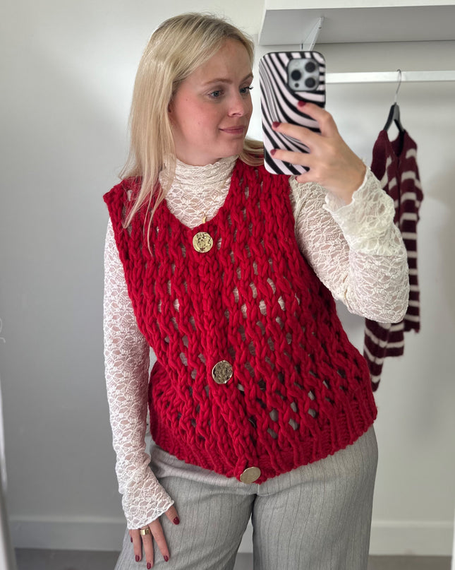 Loose Knit Sleeveless Cardigan Red