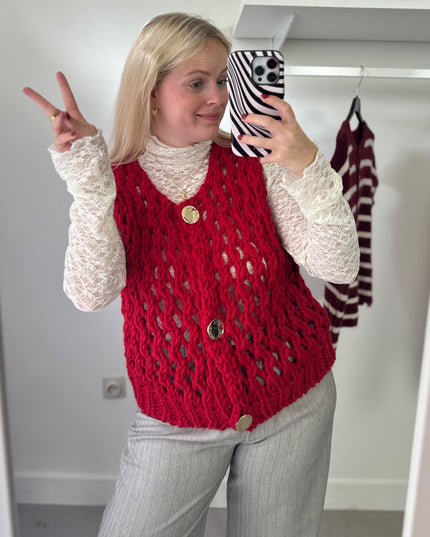 Loose Knit Sleeveless Cardigan Red