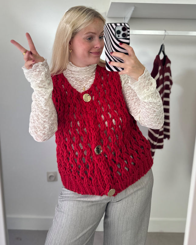 Loose Knit Sleeveless Cardigan Red