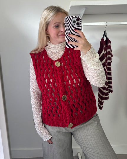 Loose Knit Sleeveless Cardigan Red