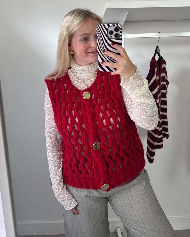 Loose Knit Sleeveless Cardigan Red
