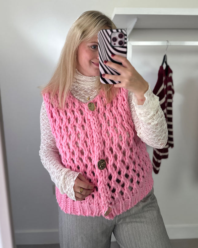 Loose Knit Sleeveless Cardigan Pink
