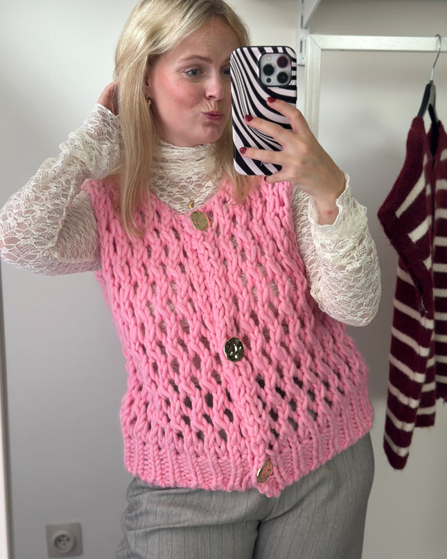 Loose Knit Sleeveless Cardigan Pink