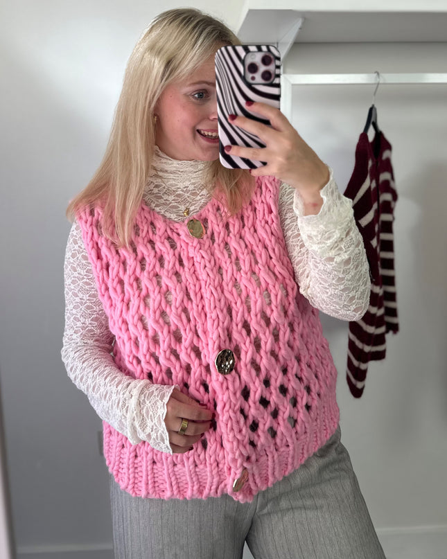 Loose Knit Sleeveless Cardigan Pink