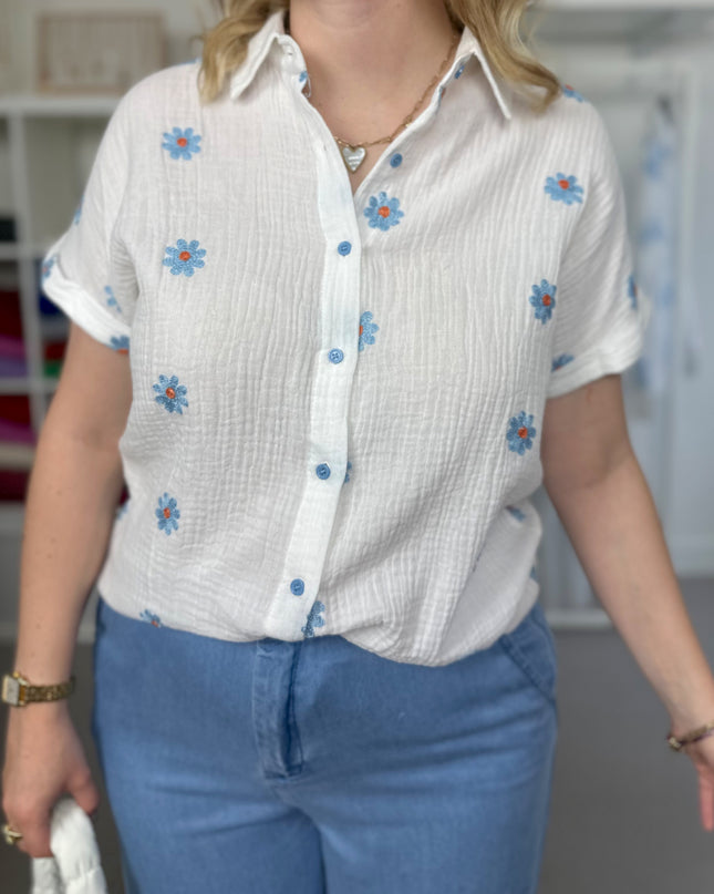 Short Sleeve Tetra Blouse Blue Flower