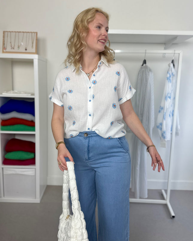 Short Sleeve Tetra Blouse Blue Flower