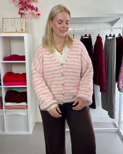 Pink Cream Striped Cardigan