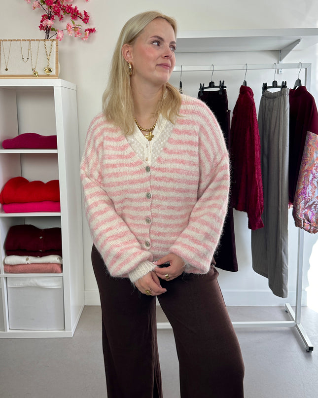 Pink Cream Striped Cardigan