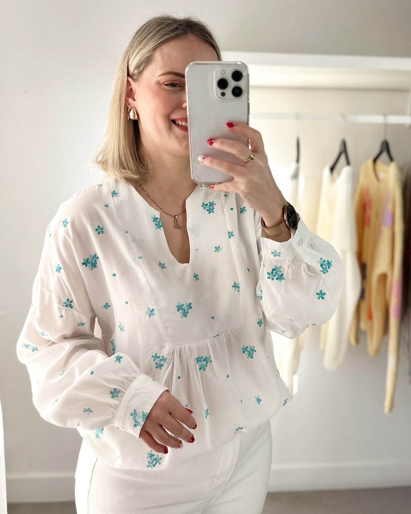 Broderie Blouse Flower Turquoise