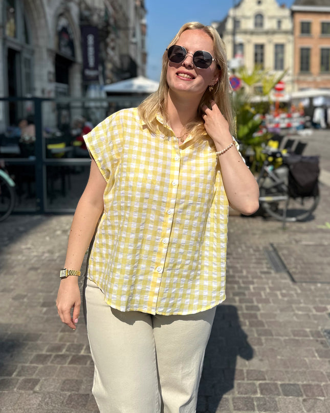 Checked Short Sleeve Blouse Yellow